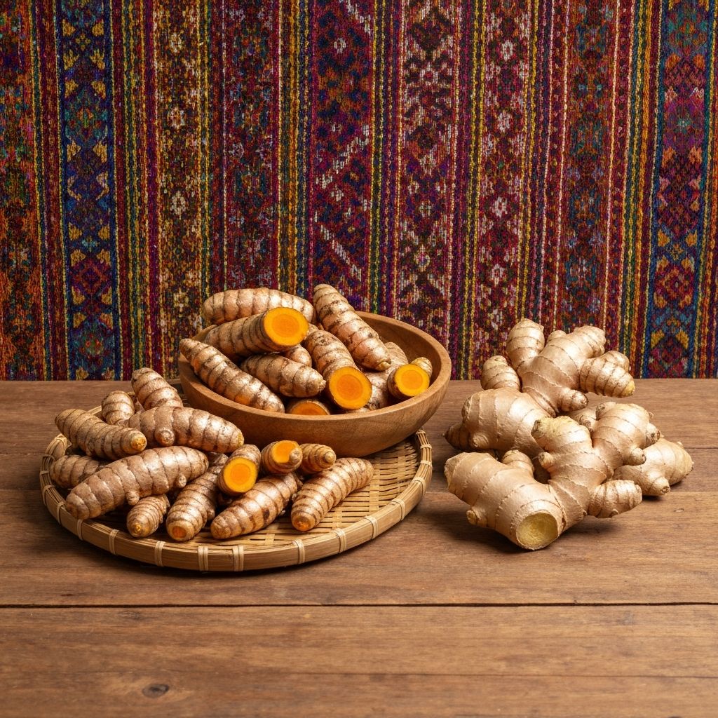Fresh turmeric and ginger arranged artfully