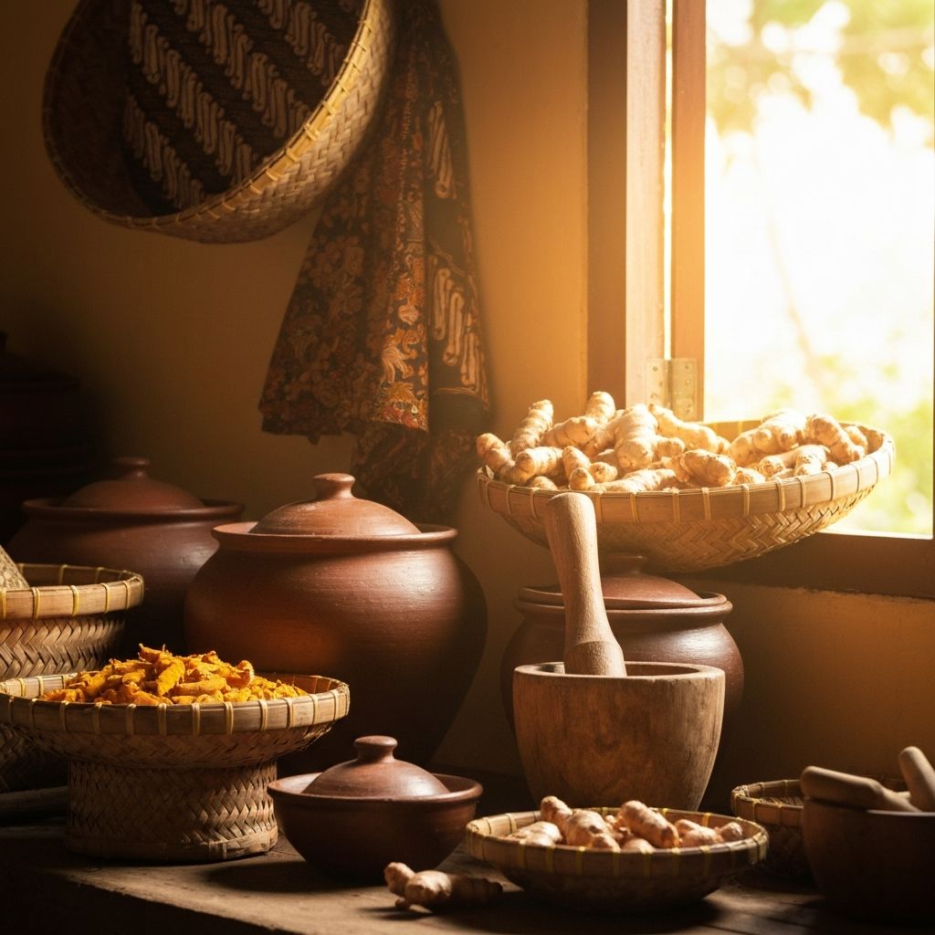 Traditional Indonesian kitchen with turmeric and ginger