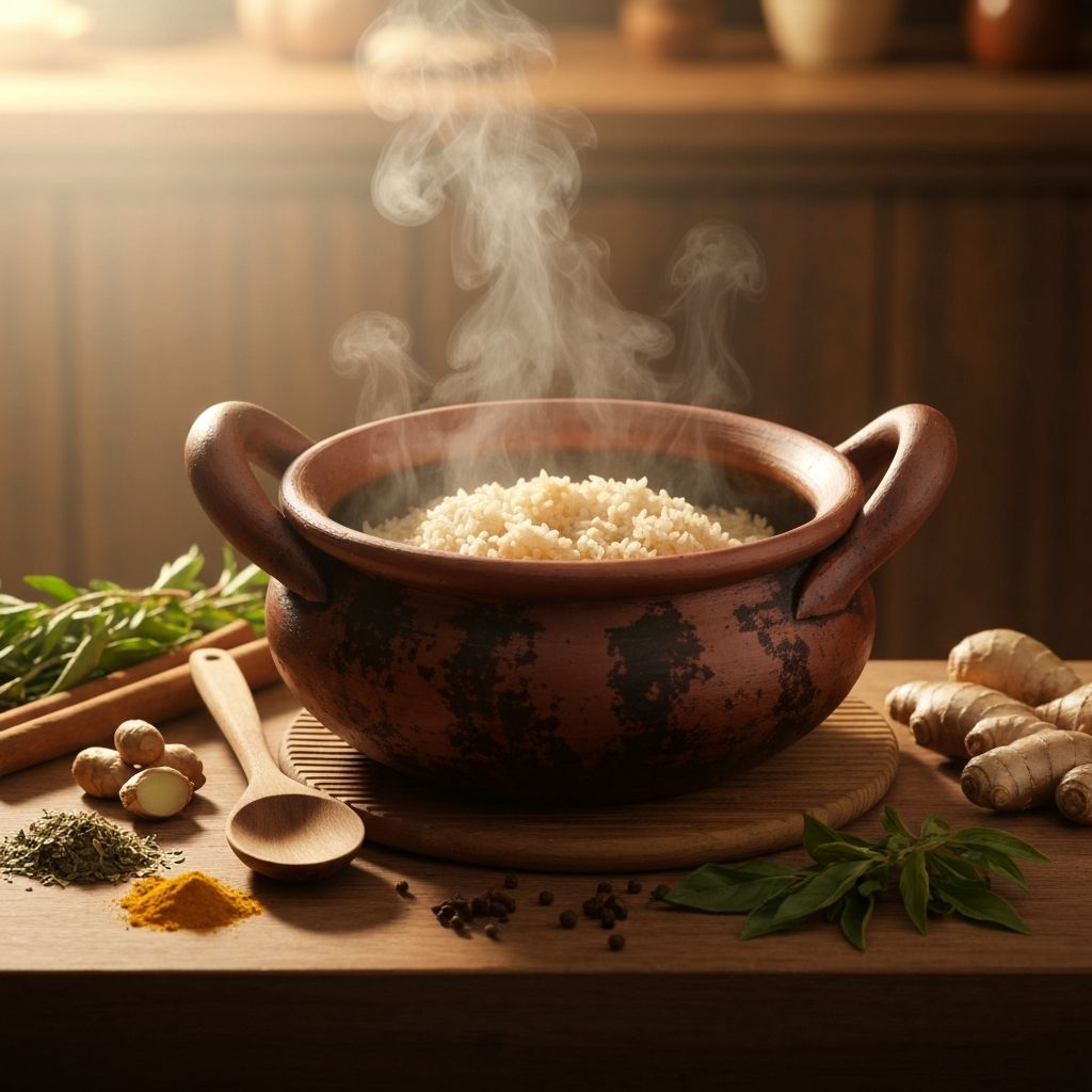 Traditional Indonesian pot with rice and spices