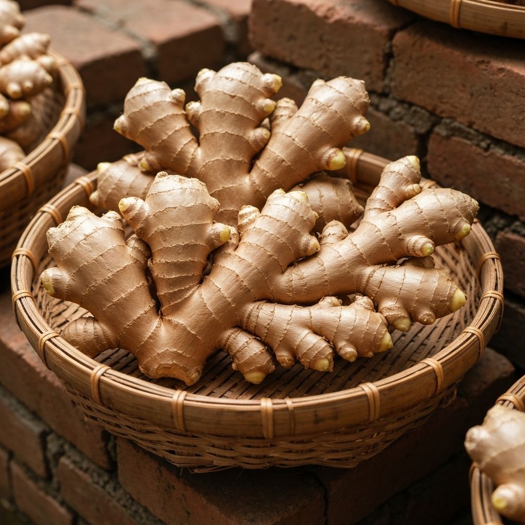 Fresh ginger rhizome cluster in basket