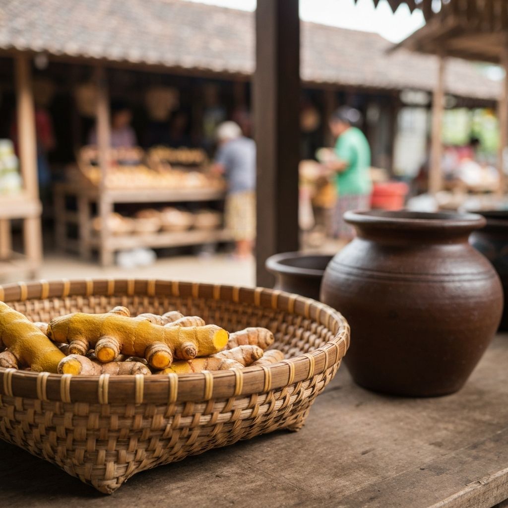 Fresh turmeric rhizome in traditional basket
